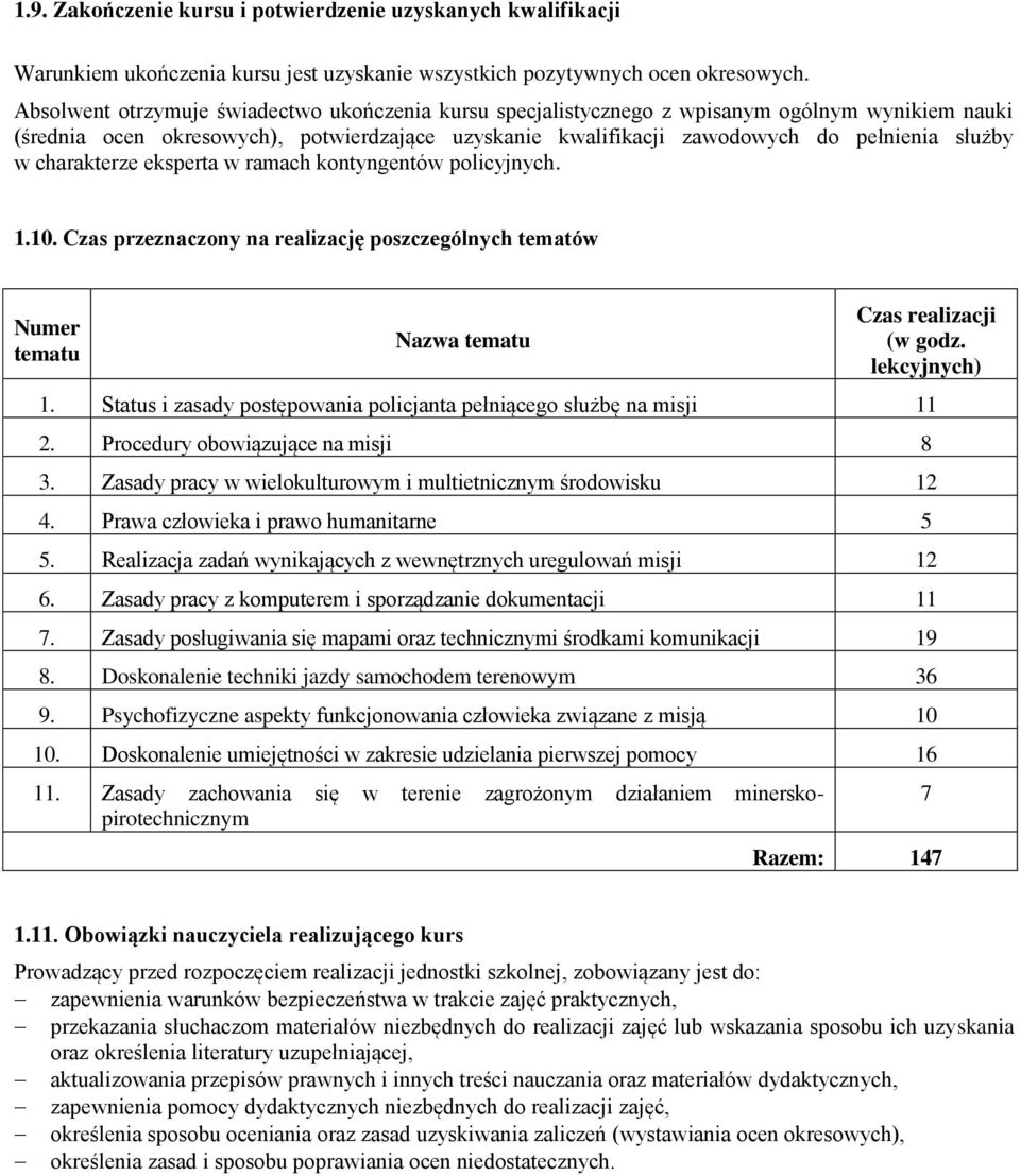 charakterze eksperta w ramach kontyngentów policyjnych. 1.10. Czas przeznaczony na realizację poszczególnych tematów Numer tematu Nazwa tematu Czas realizacji (w godz. lekcyjnych) 1.