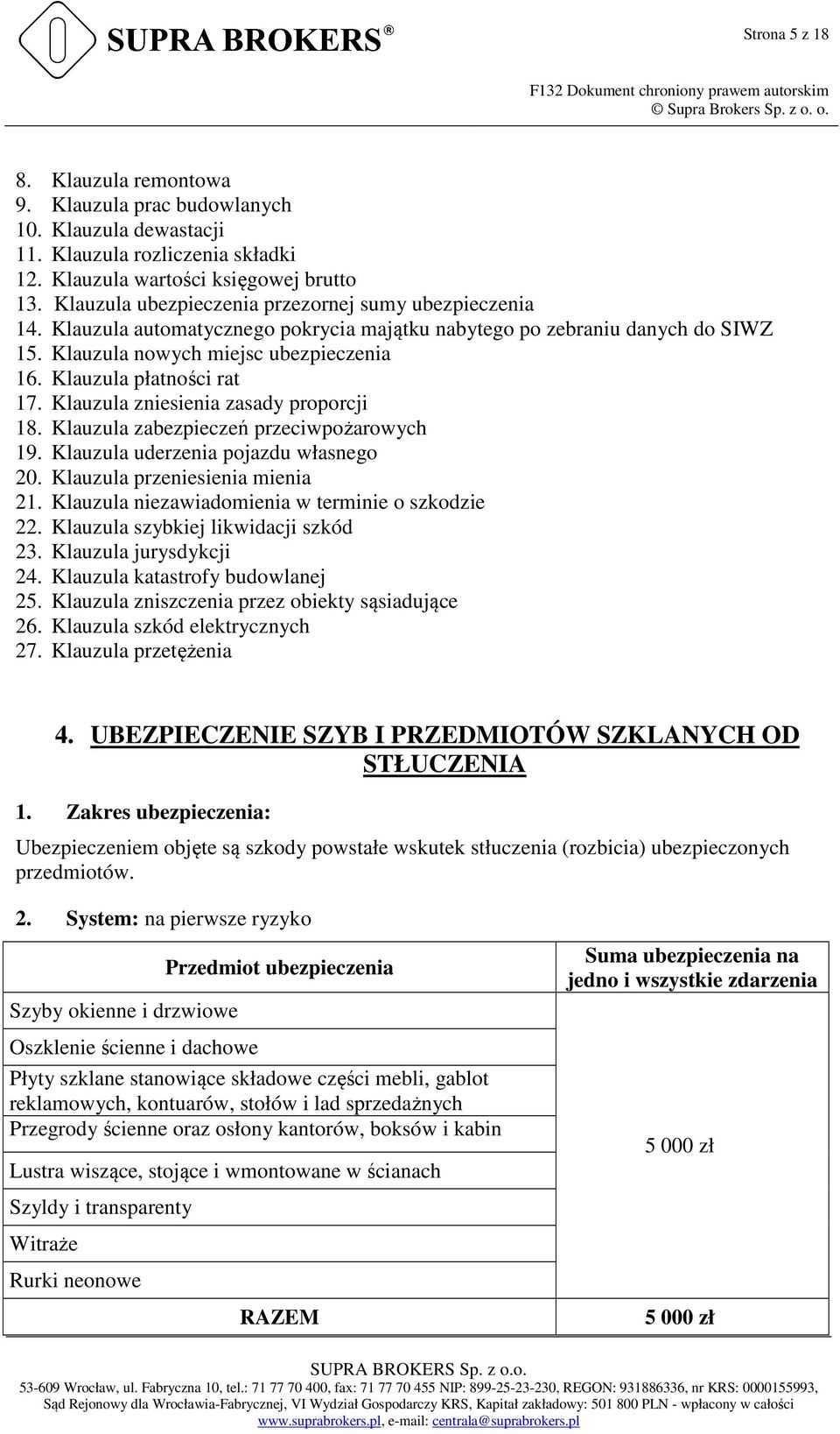 Klauzula płatności rat 17. Klauzula zniesienia zasady proporcji 18. Klauzula zabezpieczeń przeciwpożarowych 19. Klauzula uderzenia pojazdu własnego 20. Klauzula przeniesienia mienia 21.