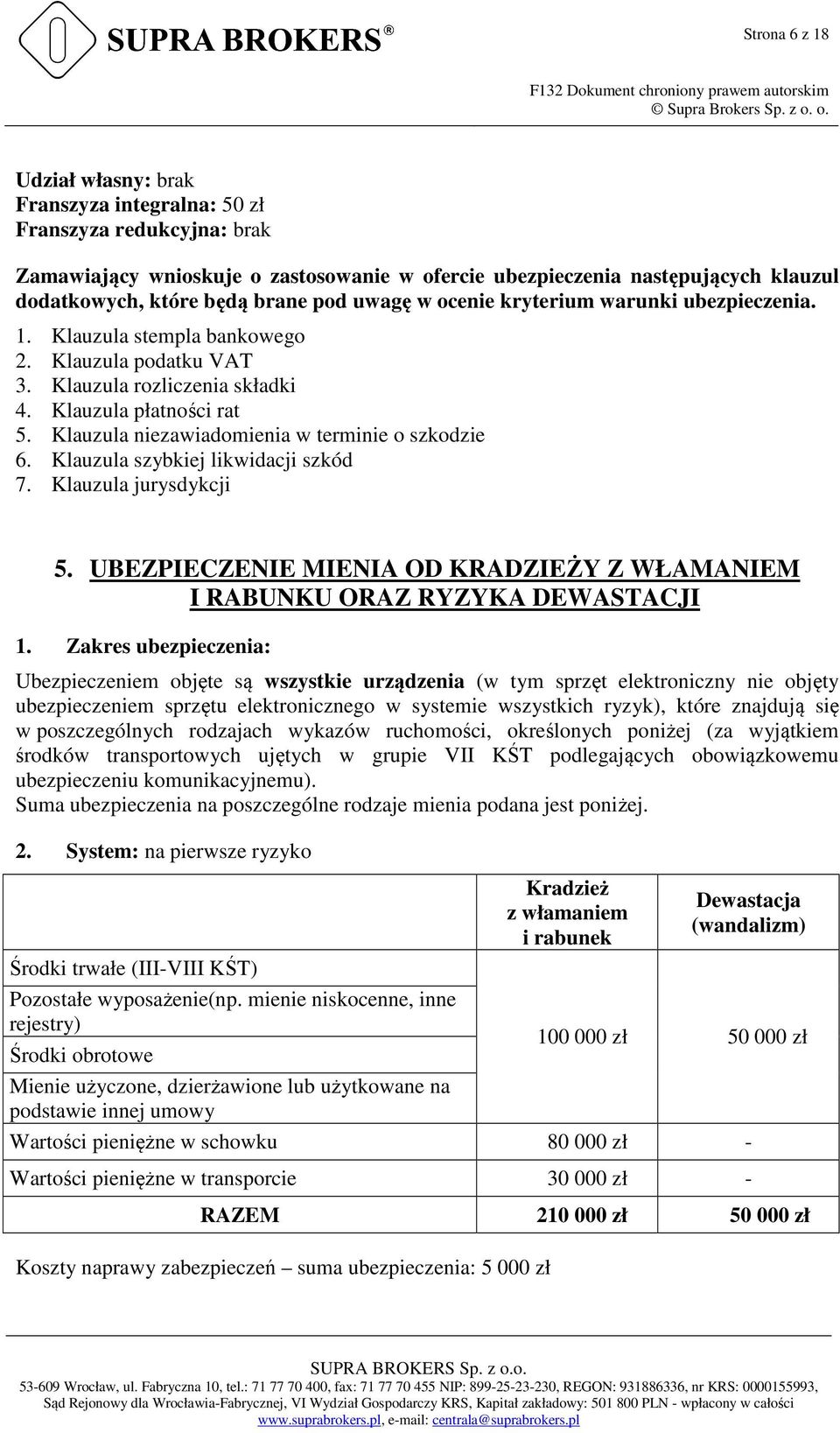 Klauzula niezawiadomienia w terminie o szkodzie 6. Klauzula szybkiej likwidacji szkód 7. Klauzula jurysdykcji 5. UBEZPIECZENIE MIENIA OD KRADZIEŻY Z WŁAMANIEM I RABUNKU ORAZ RYZYKA DEWASTACJI 1.