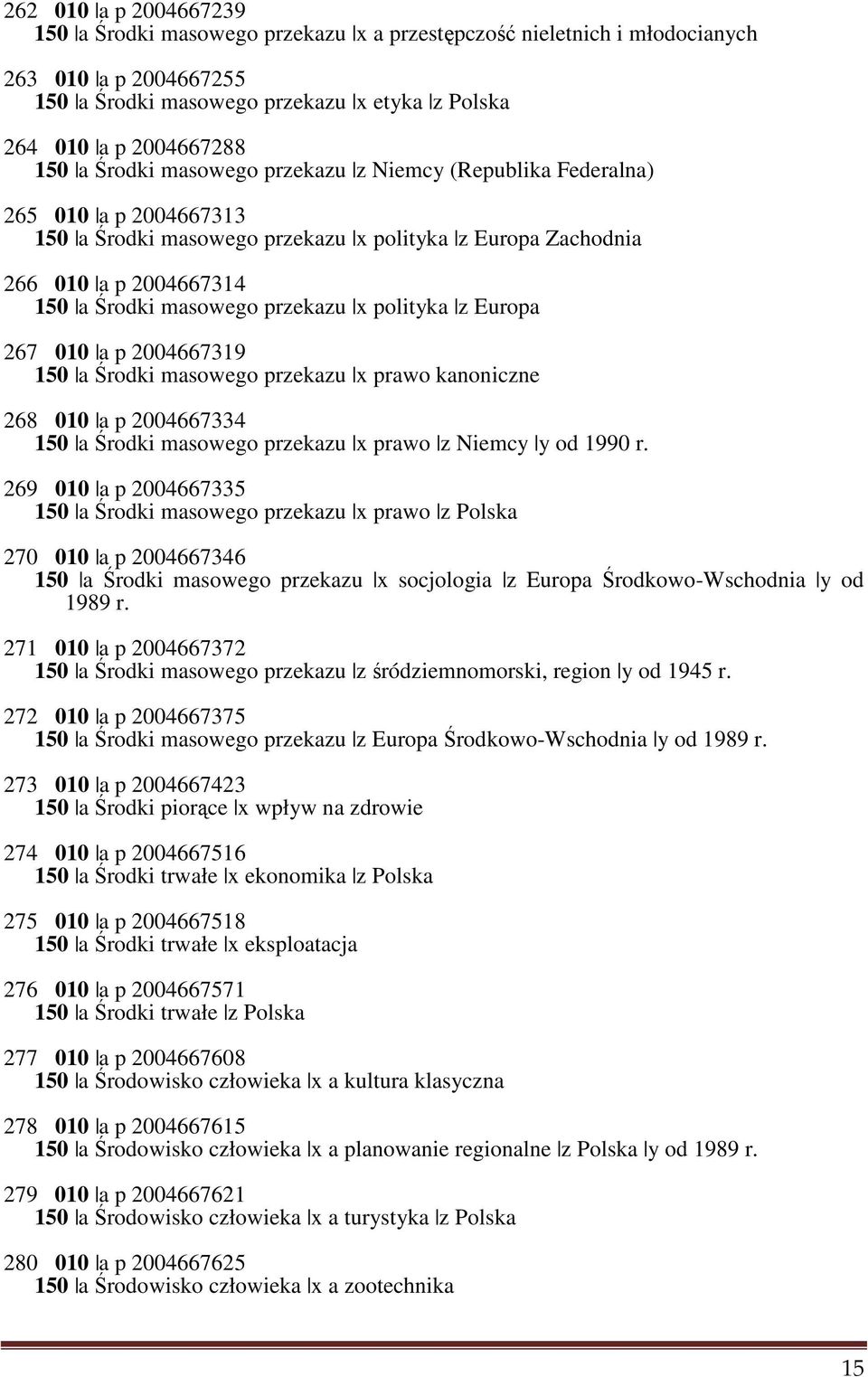 polityka z Europa 267 010 a p 2004667319 150 a Środki masowego przekazu x prawo kanoniczne 268 010 a p 2004667334 150 a Środki masowego przekazu x prawo z Niemcy y od 1990 r.