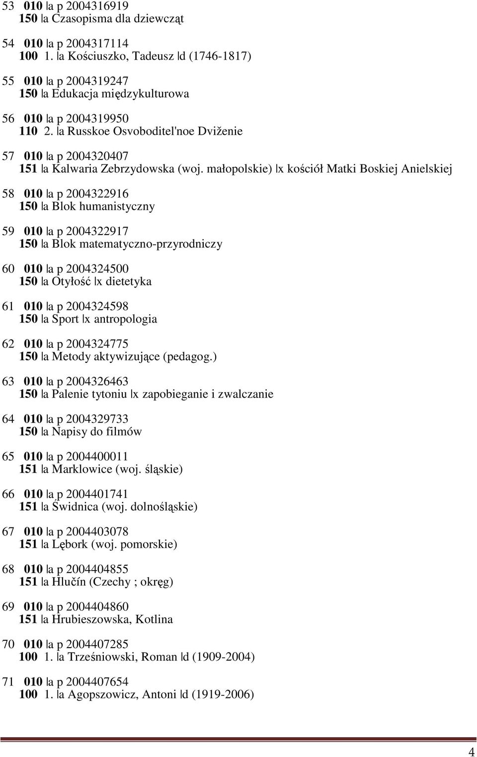 małopolskie) x kościół Matki Boskiej Anielskiej 58 010 a p 2004322916 150 a Blok humanistyczny 59 010 a p 2004322917 150 a Blok matematyczno-przyrodniczy 60 010 a p 2004324500 150 a Otyłość x