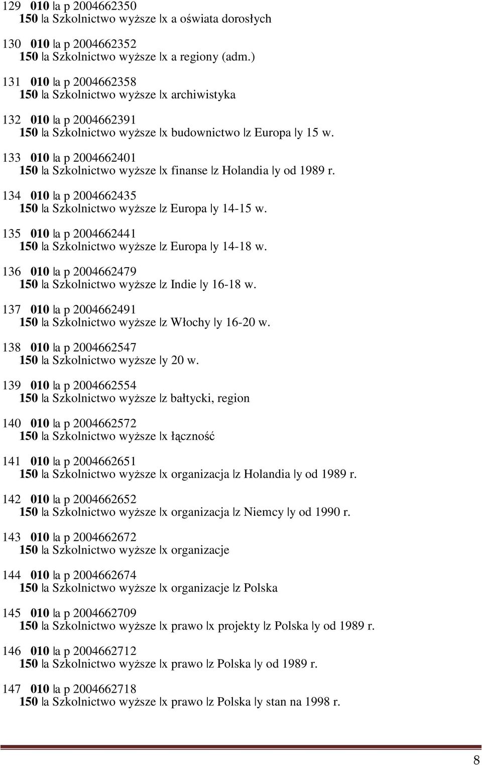 133 010 a p 2004662401 150 a Szkolnictwo wyższe x finanse z Holandia y od 1989 r. 134 010 a p 2004662435 150 a Szkolnictwo wyższe z Europa y 14-15 w.