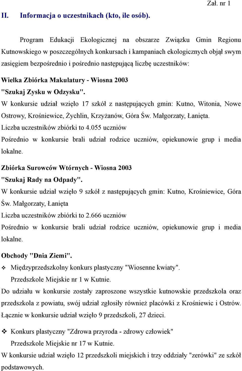 liczbę uczestników: Wielka Zbiórka Makulatury - Wiosna 2003 "Szukaj Zysku w Odzysku".