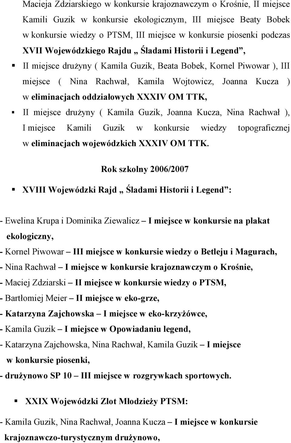 oddziałowych XXXIV OM TTK, II miejsce drużyny ( Kamila Guzik, Joanna Kucza, Nina Rachwał ), I miejsce Kamili Guzik w konkursie wiedzy topograficznej w eliminacjach wojewódzkich XXXIV OM TTK.