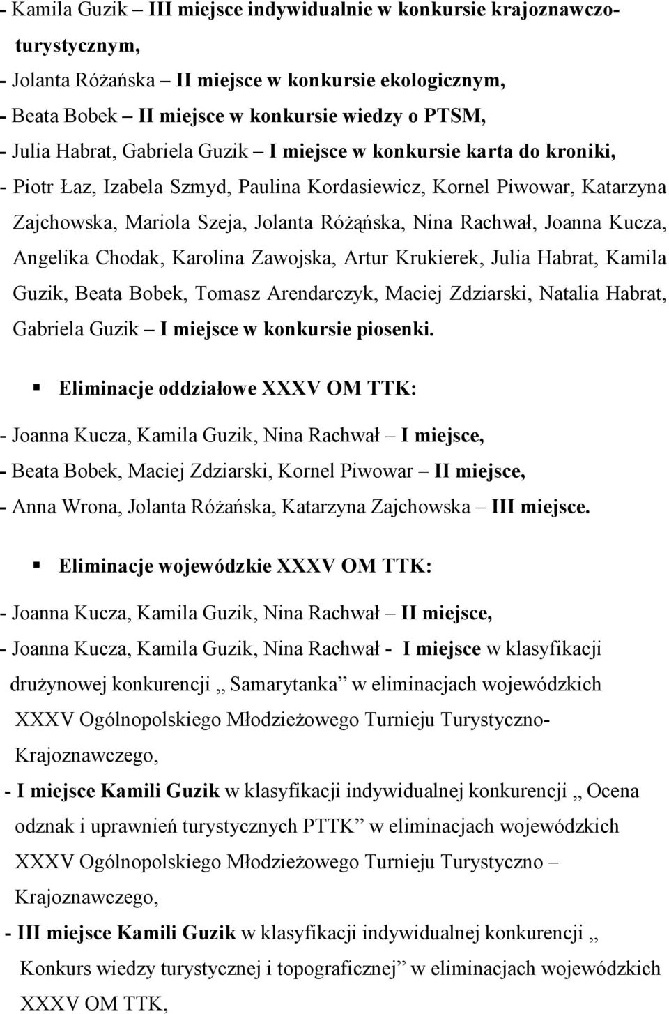 Joanna Kucza, Angelika Chodak, Karolina Zawojska, Artur Krukierek, Julia Habrat, Kamila Guzik, Beata Bobek, Tomasz Arendarczyk, Maciej Zdziarski, Natalia Habrat, Gabriela Guzik I miejsce w konkursie