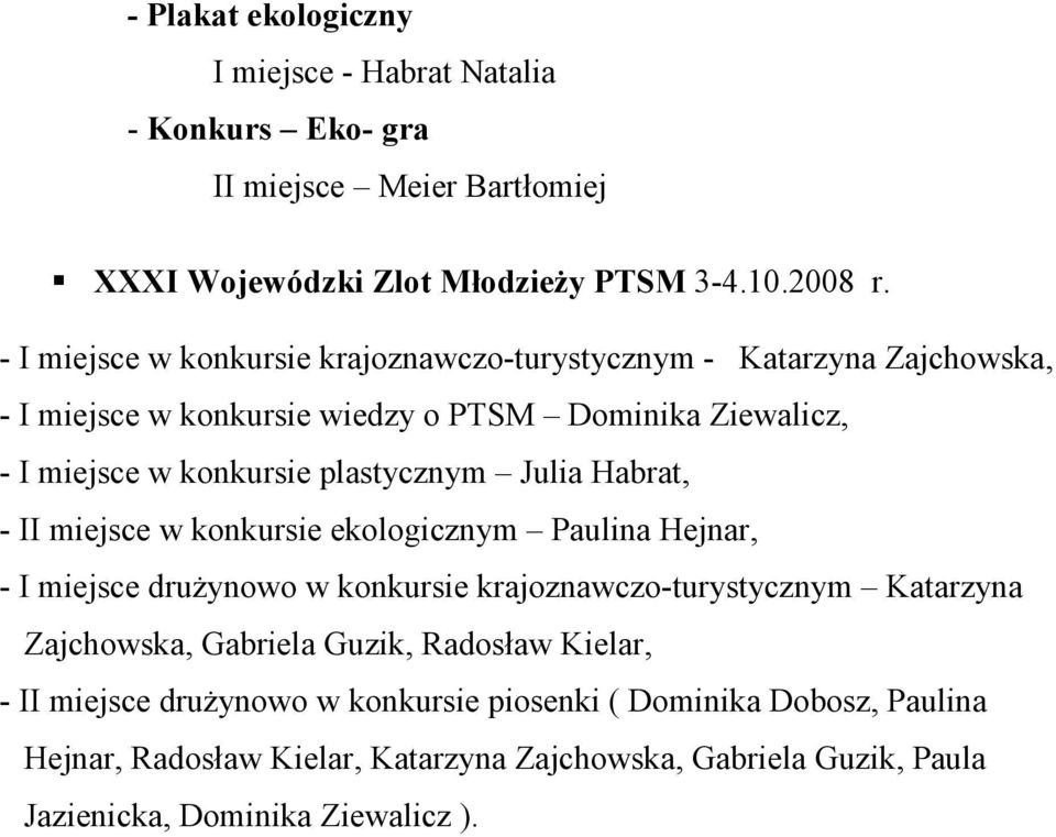 Julia Habrat, - II miejsce w konkursie ekologicznym Paulina Hejnar, - I miejsce drużynowo w konkursie krajoznawczo-turystycznym Katarzyna Zajchowska, Gabriela Guzik,