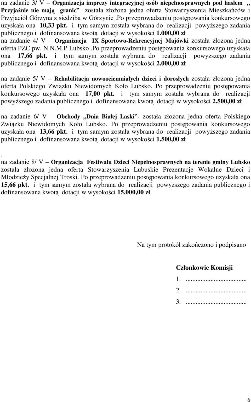 000,00 zł na zadanie 4/ V Organizacja IX Sportowo-Rekreacyjnej Majówki została złoŝona jedna oferta PZC pw. N.N.M.P Lubsko.Po przeprowadzeniu postępowania konkursowego uzyskała ona 17,66 pkt.