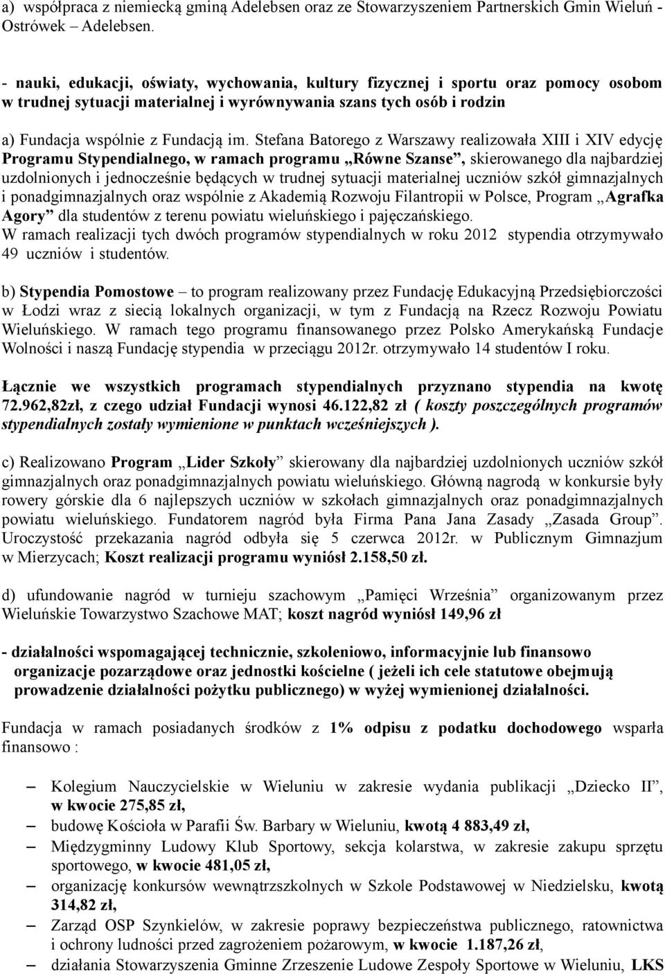 Stefana Batorego z Warszawy realizowała XIII i XIV edycję Programu Stypendialnego, w ramach programu Równe Szanse, skierowanego dla najbardziej uzdolnionych i jednocześnie będących w trudnej sytuacji