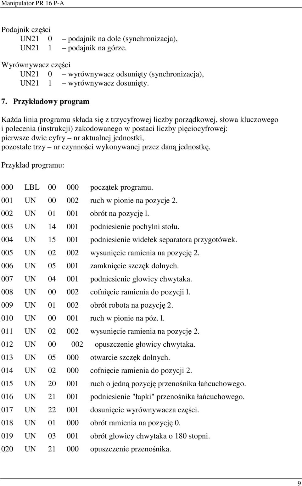 aktualnej jednostki, pozostałe trzy nr czynnoci wykonywanej przez dan jednostk. Przykład programu: 000 LBL 00 000 pocztek programu. 001 UN 00 002 ruch w pionie na pozycje 2.