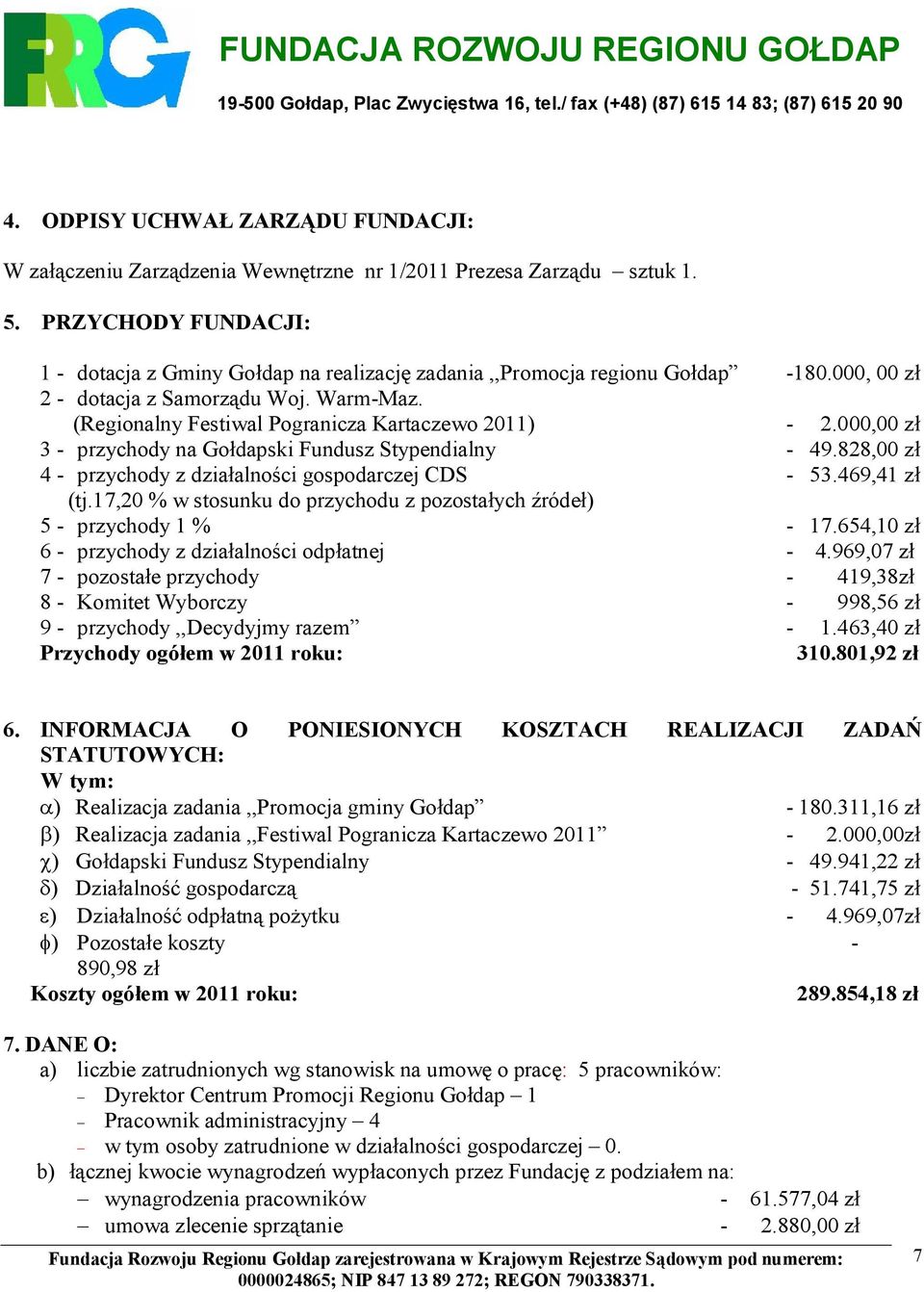 (Regionalny Festiwal Pogranicza Kartaczewo 2011) - 2.000,00 zł 3 - przychody na Gołdapski Fundusz Stypendialny - 49.828,00 zł 4 - przychody z działalności gospodarczej CDS - 53.469,41 zł (tj.