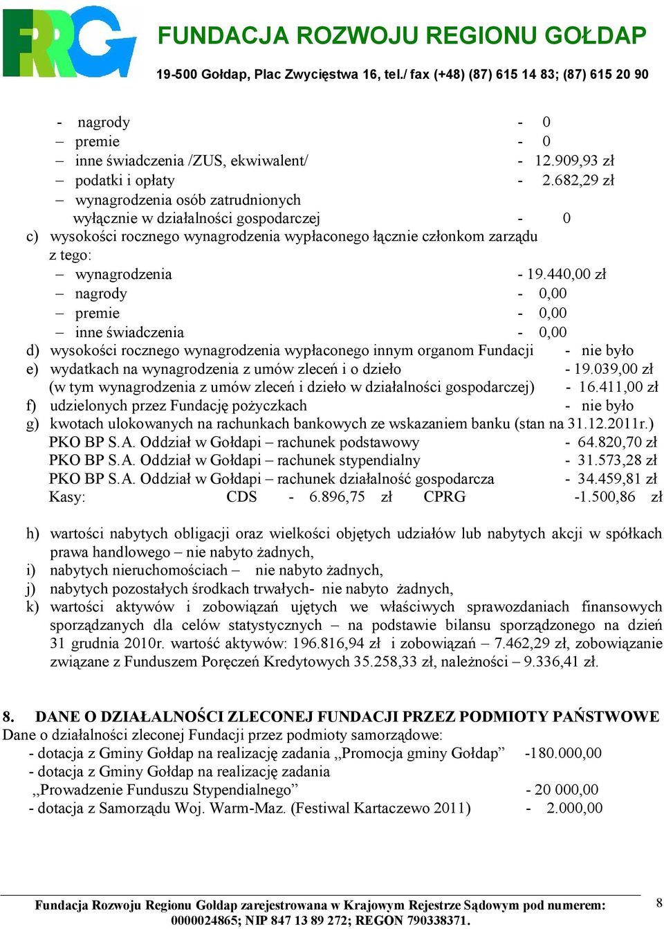 440,00 zł nagrody - 0,00 premie - 0,00 inne świadczenia - 0,00 d) wysokości rocznego wynagrodzenia wypłaconego innym organom Fundacji - nie było e) wydatkach na wynagrodzenia z umów zleceń i o dzieło