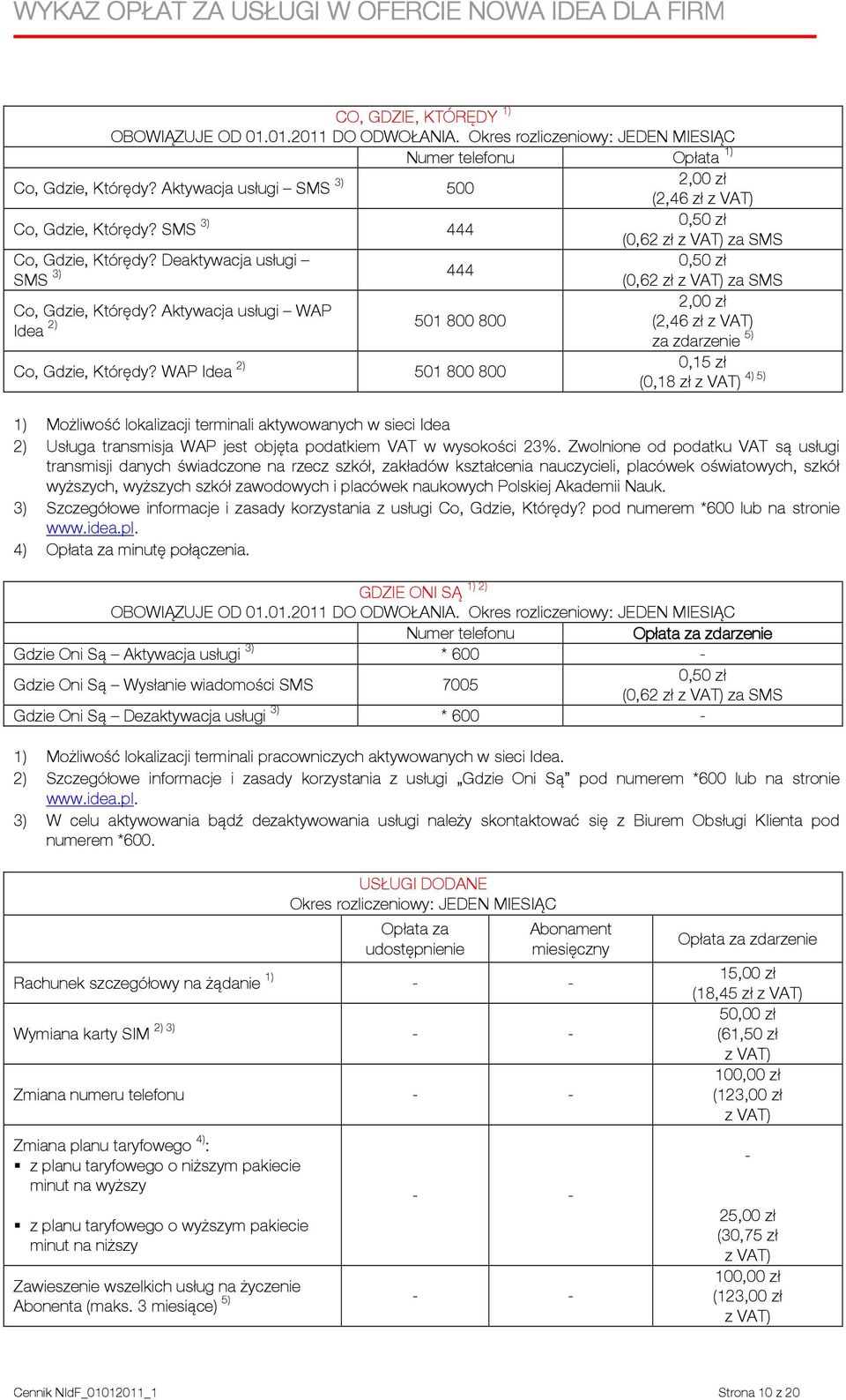 Aktywacja usługi WAP Idea 2) 501 800 800 (2,46 zł za zdarzenie 5) Co, Gdzie, Którędy?