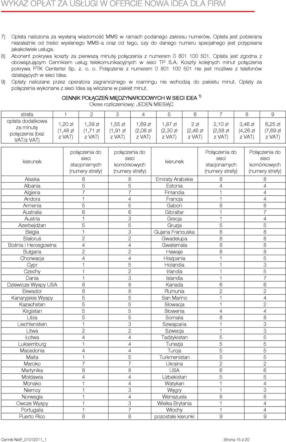 8) Abonent pokrywa koszty za pierwszą minutę połączenia z numerem 0 801 100 501. Opłata jest zgodna z obowiązującym Cennikiem usług telekomunikacyjnych w sieci TP S.A. Koszty kolejnych minut połączenia pokrywa PTK Centertel Sp.