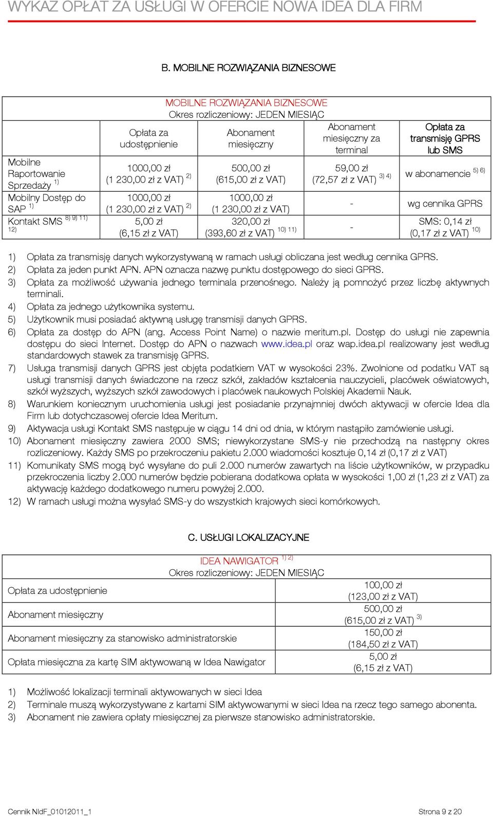 abonamencie (72,57 zł wg cennika GPRS SMS: 0,14 zł (0,17 zł 10) 1) transmisję danych wykorzystywaną w ramach usługi obliczana jest według cennika GPRS. 2) jeden punkt APN.