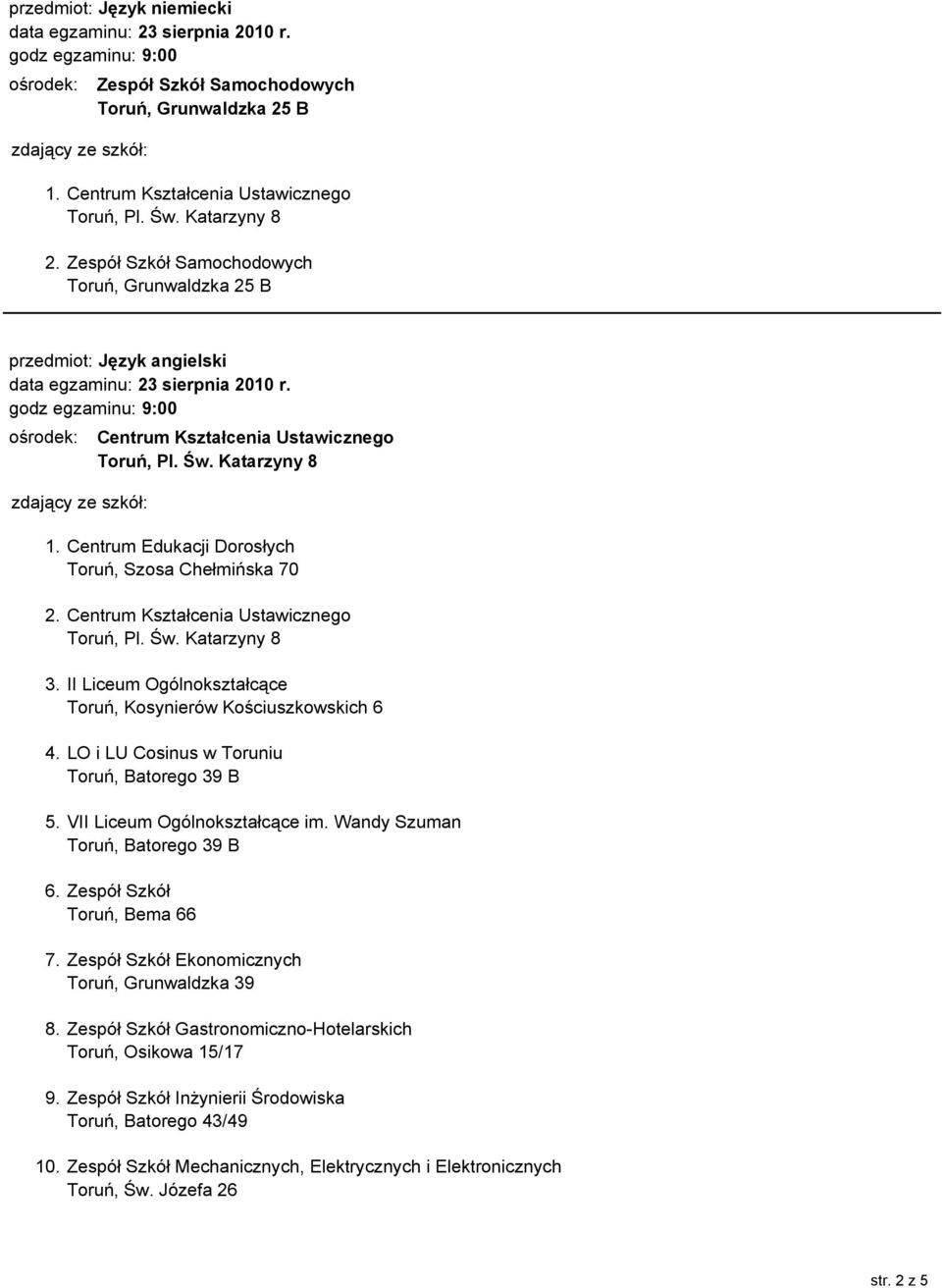 LO i LU Cosinus w Toruniu 5. VII Liceum Ogólnokształcące im. Wandy Szuman 6. Zespół Szkół 7. Zespół Szkół Ekonomicznych 8.