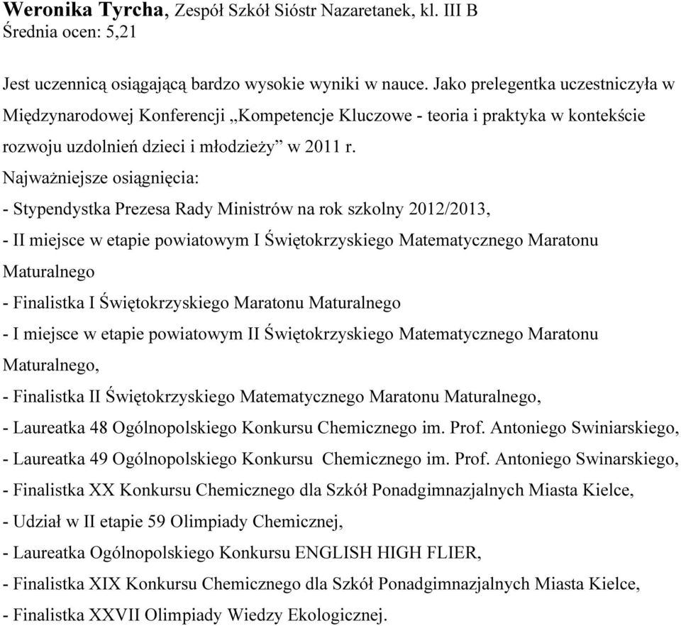 - Stypendystka Prezesa Rady Ministrów na rok szkolny 2012/2013, - II miejsce w etapie powiatowym I Świętokrzyskiego Matematycznego Maratonu Maturalnego - Finalistka I Świętokrzyskiego Maratonu