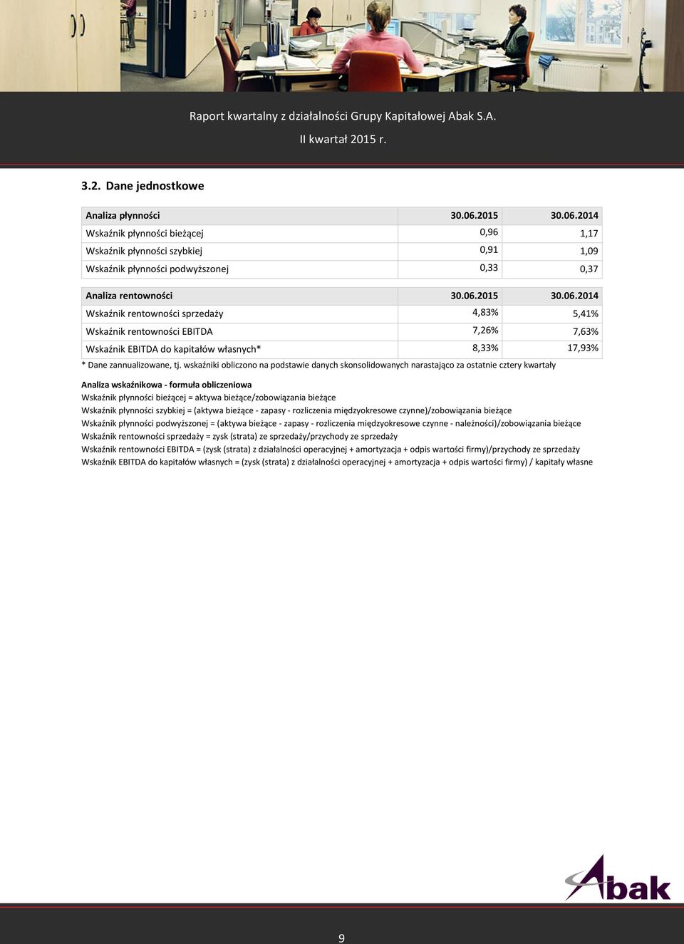 wskaźniki obliczono na podstawie danych skonsolidowanych narastająco za ostatnie cztery kwartały Analiza wskaźnikowa - formuła obliczeniowa Wskaźnik płynności bieżącej = aktywa bieżące/zobowiązania