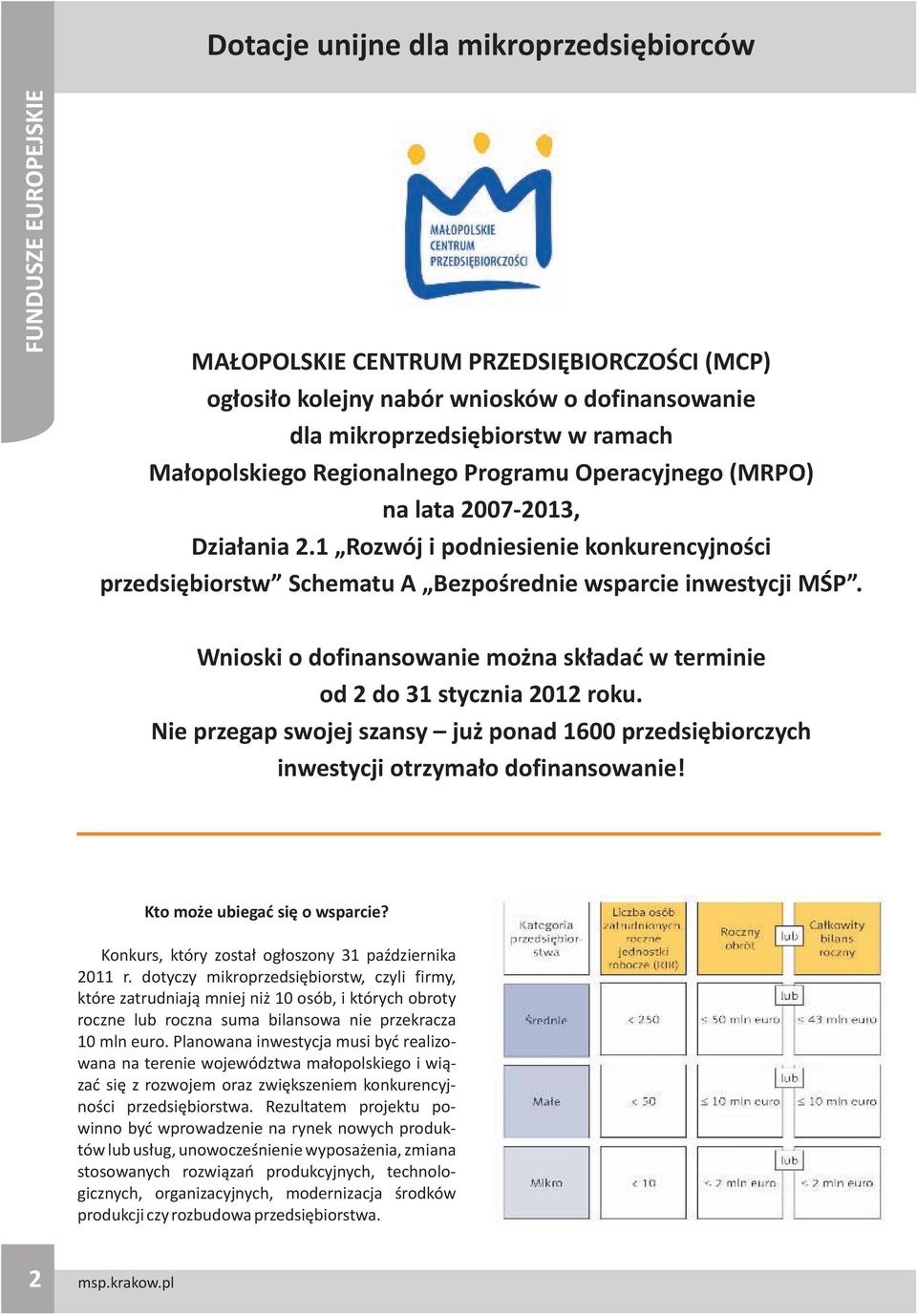 Wnioski o dofinansowanie mo na sk³adaæ w terminie od 2 do 31 stycznia 2012 roku. Nie przegap swojej szansy ju ponad 1600 przedsiêbiorczych inwestycji otrzyma³o dofinansowanie!