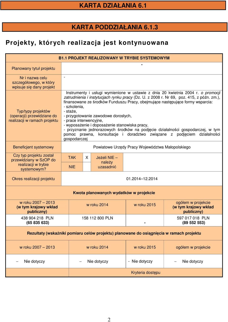 systemowy Czy typ projektu został przewidziany w SzOP do realizacji w trybie systemowym? - Instrumenty i usługi wymienione w ustawie z dnia 20 kwietnia 2004 r.