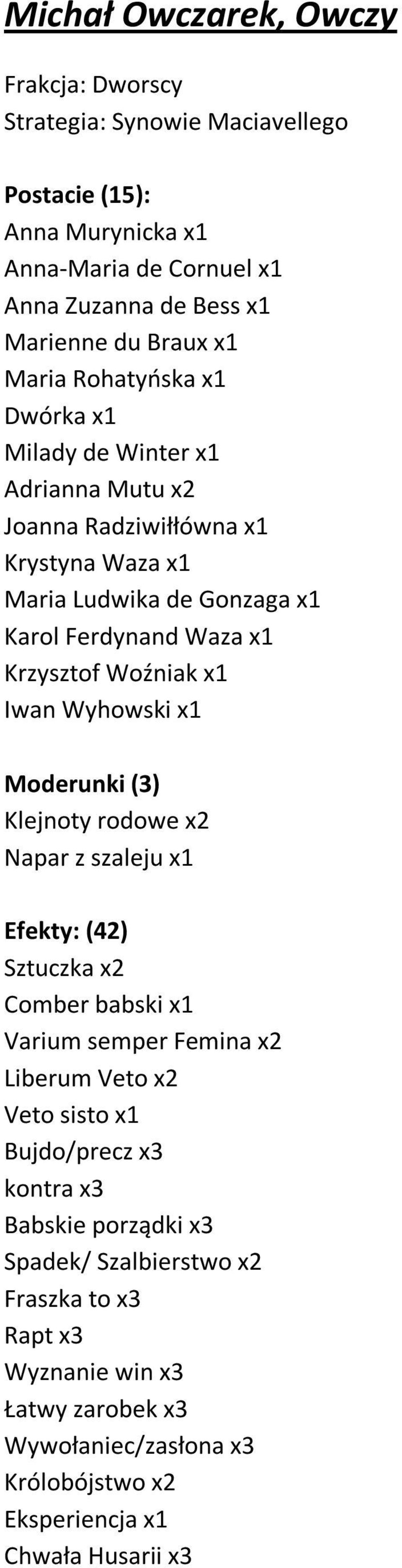 x1 Iwan Wyhowski x1 Moderunki (3) Klejnoty rodowe x2 Napar z szaleju x1 Efekty: (42) Sztuczka x2 Comber babski x1 Varium semper Femina x2 Liberum Veto x2 Veto sisto x1