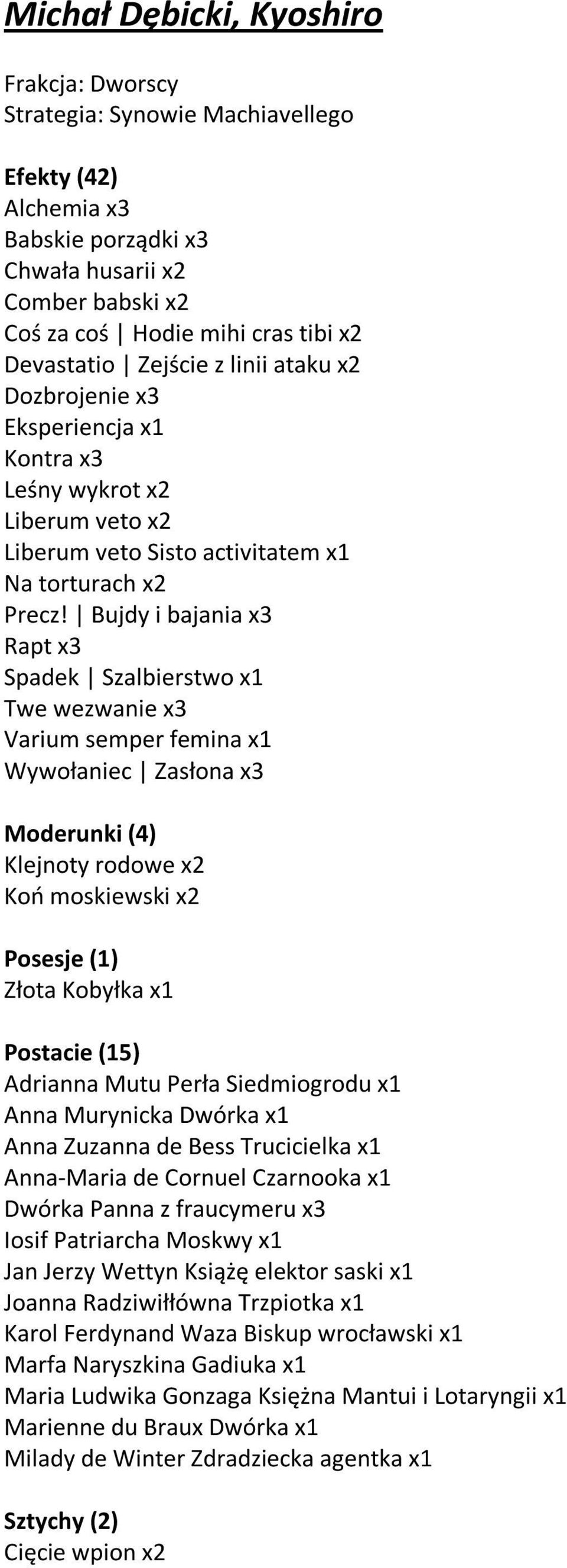 Zasłona x3 Moderunki (4) Klejnoty rodowe x2 Koo moskiewski x2 Posesje (1) Złota Kobyłka x1 Postacie (15) Adrianna Mutu Perła Siedmiogrodu x1 Anna Murynicka Dwórka x1 Anna Zuzanna de Bess Trucicielka