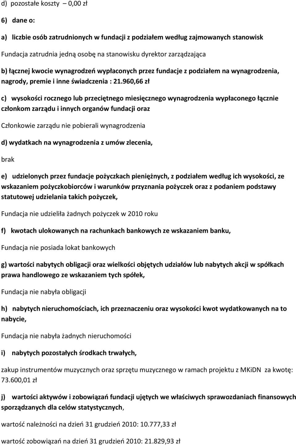 960,66 zł c) wysokości rocznego lub przeciętnego miesięcznego wynagrodzenia wypłaconego łącznie członkom zarządu i innych organów fundacji oraz Członkowie zarządu nie pobierali wynagrodzenia d)