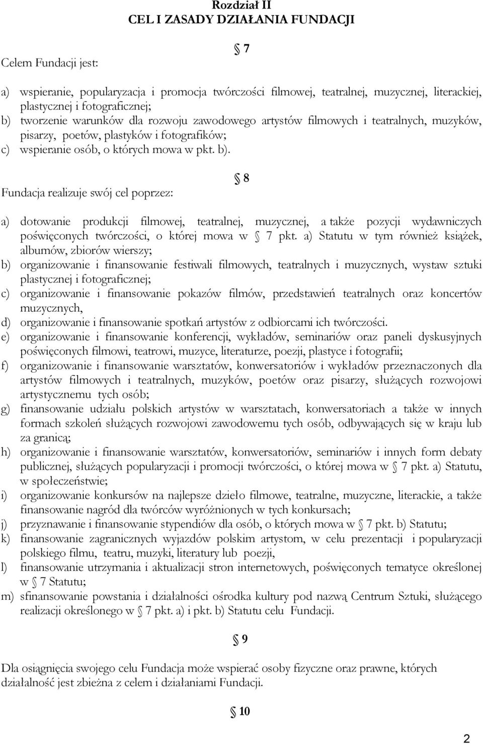 Fundacja realizuje swój cel poprzez: 8 a) dotowanie produkcji filmowej, teatralnej, muzycznej, a także pozycji wydawniczych poświęconych twórczości, o której mowa w 7 pkt.