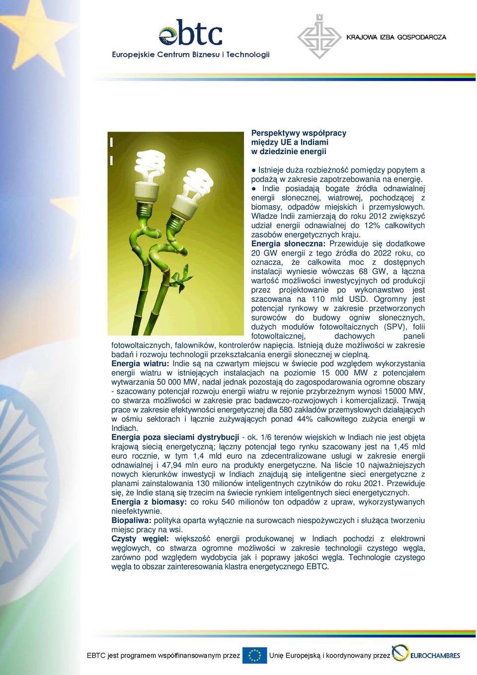 Władze Indii zamierzają do roku 2012 zwiększyć udział energii odnawialnej do 12% całkowitych zasobów energetycznych kraju.