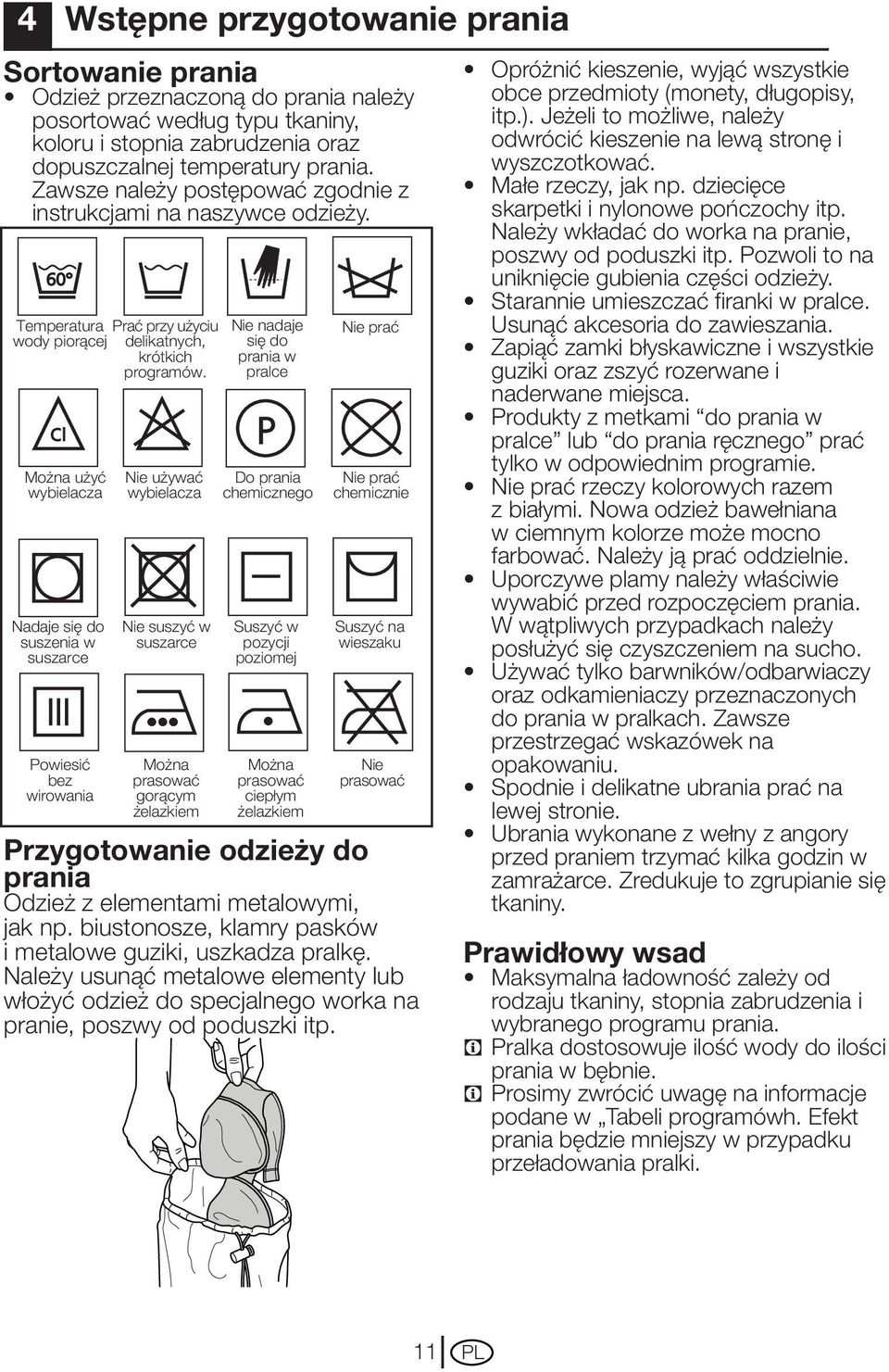 Temperatura wody piorącej Można użyć wybielacza Nadaje się do suszenia w suszarce Powiesić bez wirowania Prać przy użyciu delikatnych, krótkich programów.