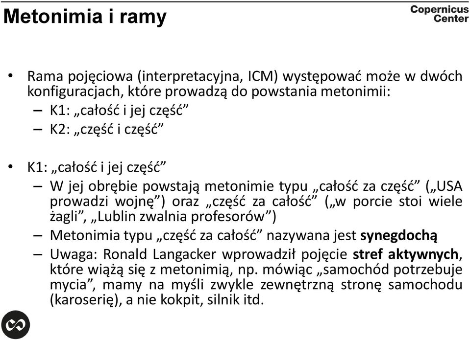 stoi wiele żagli, Lublin zwalnia profesorów ) Metonimia typu część za całość nazywana jest synegdochą Uwaga: Ronald Langacker wprowadził pojęcie stref