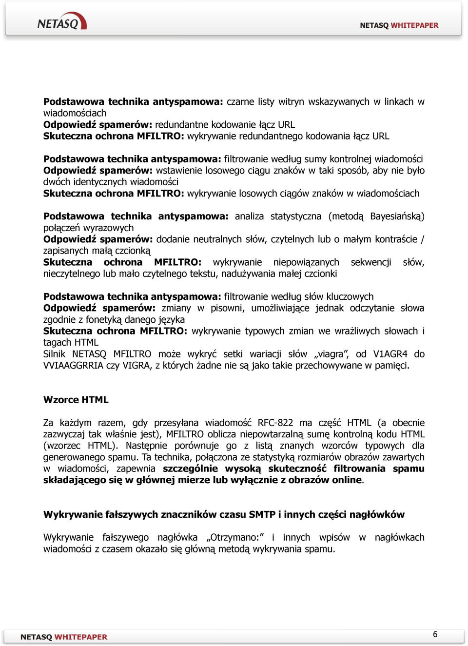 wiadomości Skuteczna ochrona MFILTRO: wykrywanie losowych ciągów znaków w wiadomościach Podstawowa technika antyspamowa: analiza statystyczna (metodą Bayesiańską) połączeń wyrazowych Odpowiedź