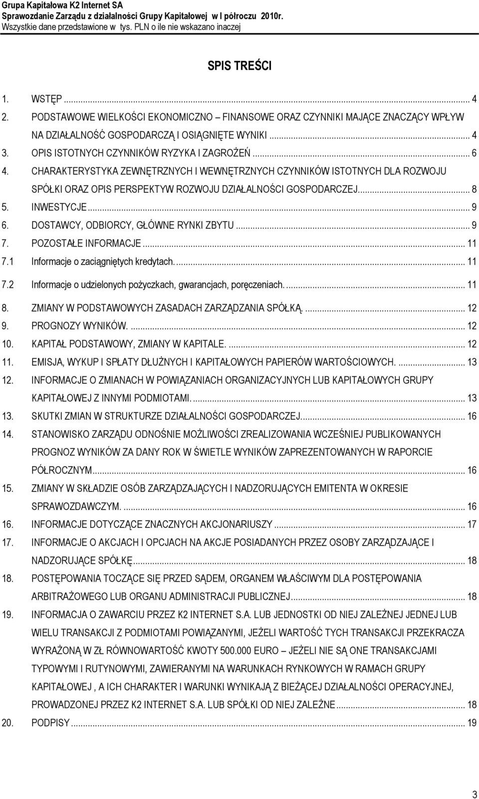 INWESTYCJE... 9 6. DOSTAWCY, ODBIORCY, GŁÓWNE RYNKI ZBYTU... 9 7. POZOSTAŁE INFORMACJE... 11 7.1 Informacje o zaciągniętych kredytach.... 11 7.2 Informacje o udzielonych pożyczkach, gwarancjach, poręczeniach.