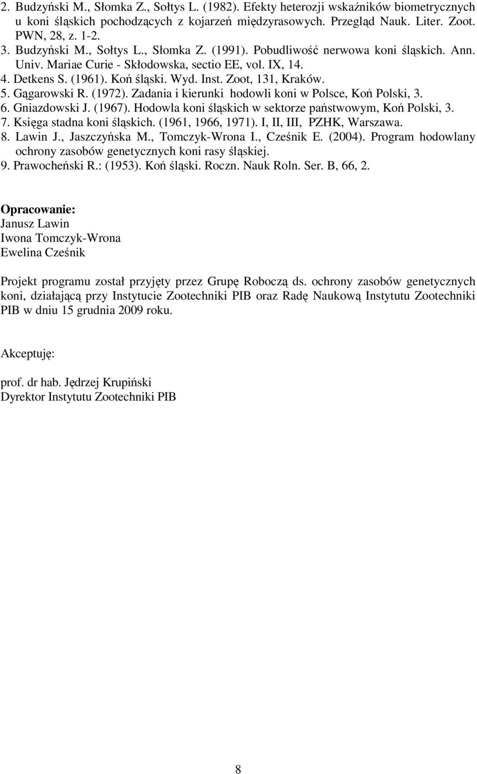 Zoot, 131, Kraków. 5. Gągarowski R. (1972). Zadania i kierunki hodowli koni w Polsce, Koń Polski, 3. 6. Gniazdowski J. (1967). Hodowla koni śląskich w sektorze państwowym, Koń Polski, 3. 7.