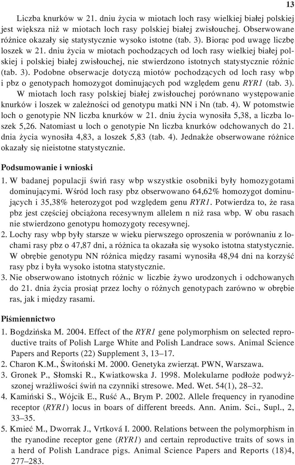 dniu ycia w miotach pochodz¹cych od loch rasy wielkiej bia³ej polskiej i polskiej bia³ej zwis³ouchej, nie stwierdzono istotnych statystycznie ró nic (tab. 3).