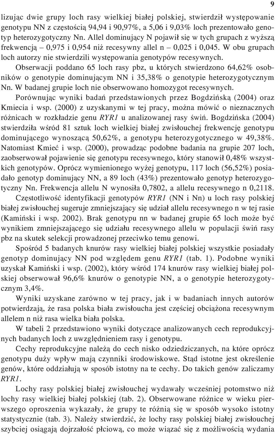 Obserwacji poddano 65 loch rasy pbz, u których stwierdzono 64,62% osobników o genotypie dominuj¹cym NN i 35,38% o genotypie heterozygotycznym Nn.