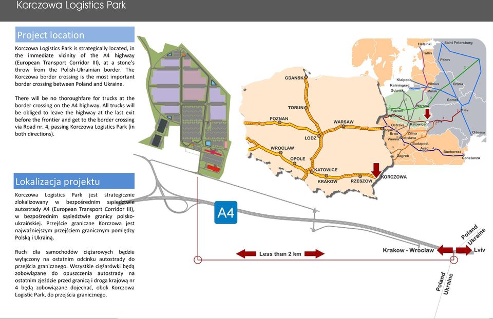 All trucks will be obliged to leave the highway at the last exit before the frontier and get to the border crossing via Road nr. 4, passing Korczowa Logistics Park (in both directions).