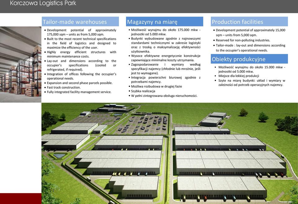 Lay-out and dimensions according to the occupier s specifications (cooled or refrigerated, if required). Integration of offices following the occupier s operational needs.