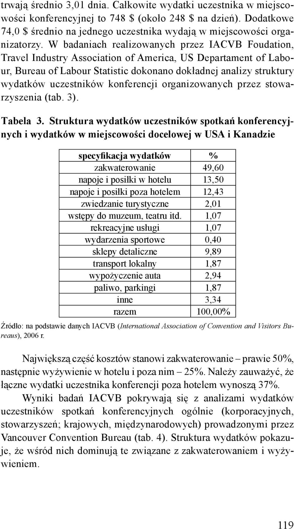 W badaniach realizowanych przez IACVB Foudation, Travel Industry Association of America, US Departament of Labour, Bureau of Labour Statistic dokonano dokładnej analizy struktury wydatków uczestników