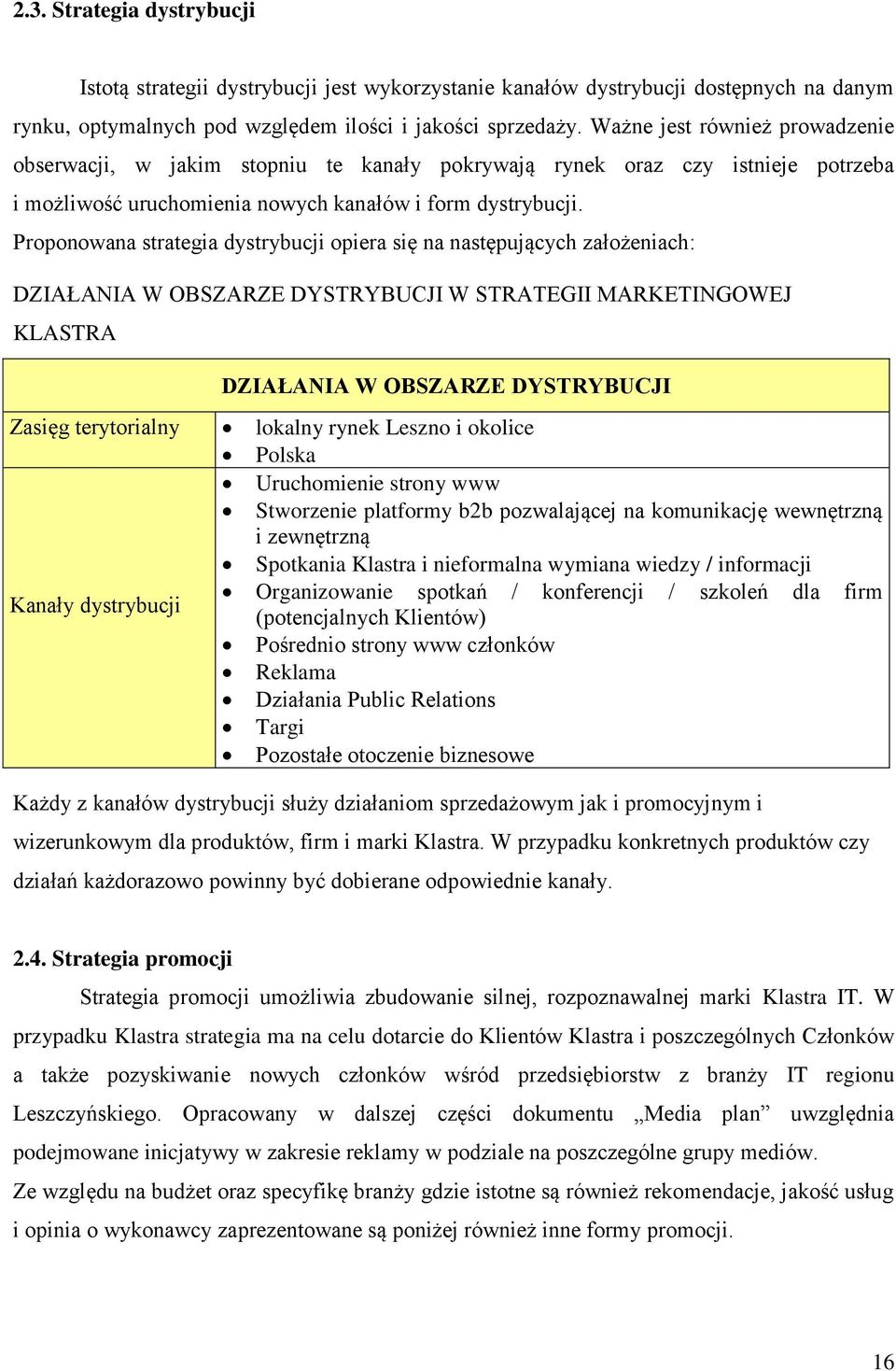 Proponowana strategia dystrybucji opiera się na następujących założeniach: DZIAŁANIA W OBSZARZE DYSTRYBUCJI W STRATEGII MARKETINGOWEJ KLASTRA DZIAŁANIA W OBSZARZE DYSTRYBUCJI Zasięg terytorialny