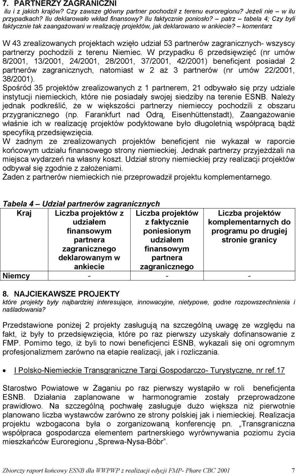 komentarz W 43 zrealizowanych projektach wzięło udział 53 partnerów zagranicznych- wszyscy partnerzy pochodzili z terenu Niemiec.