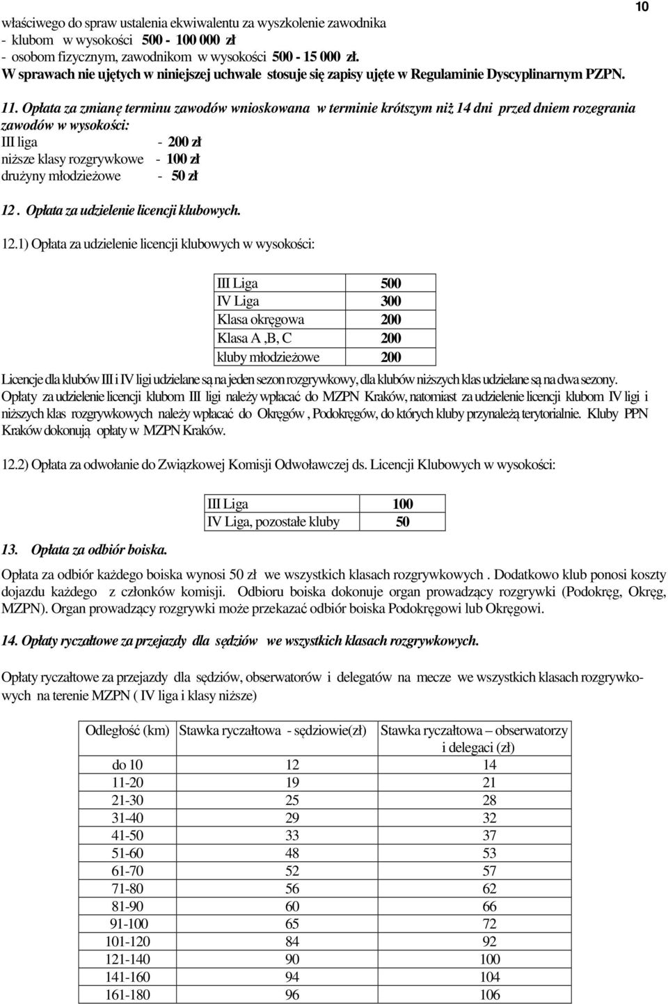 Opłata za zmianę terminu zawodów wnioskowana w terminie krótszym niż 14 dni przed dniem rozegrania zawodów w wysokości: I liga - 200 zł niższe klasy rozgrywkowe - 100 zł drużyny młodzieżowe - 50 zł