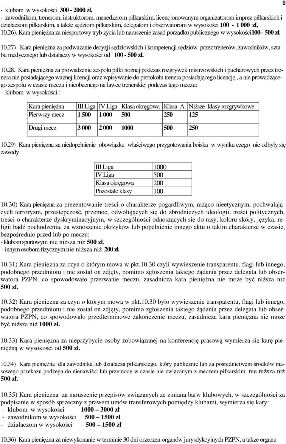 -1 000 zł, 10.26). Kara pieniężna za niesportowy tryb życia lub naruszenie zasad porządku publicznego w wysokości100 500 zł. 10.27) Kara pieniężna za podważanie decyzji sędziowskich i kompetencji sędziów przez trenerów, zawodników, sztabu medycznego lub działaczy w wysokości od 100-500 zł.