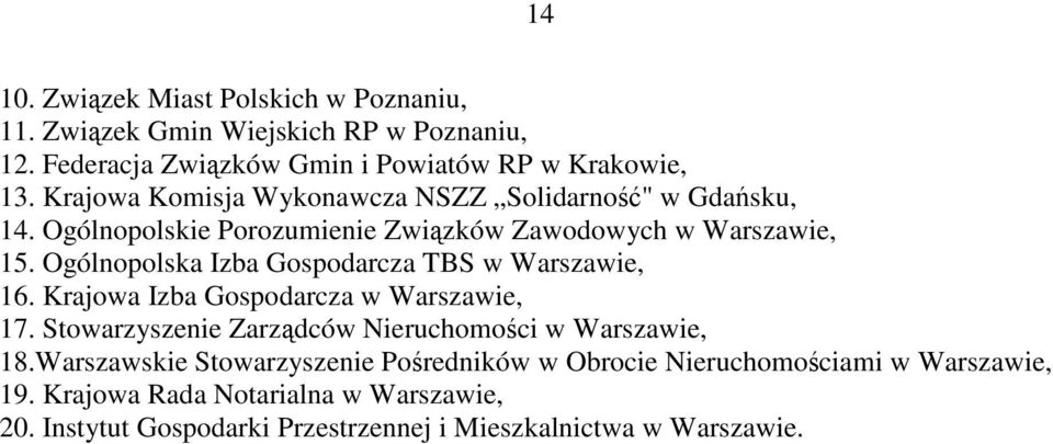 Ogólnopolska Izba Gospodarcza TBS w Warszawie, 16. Krajowa Izba Gospodarcza w Warszawie, 17. Stowarzyszenie Zarządców Nieruchomości w Warszawie, 18.