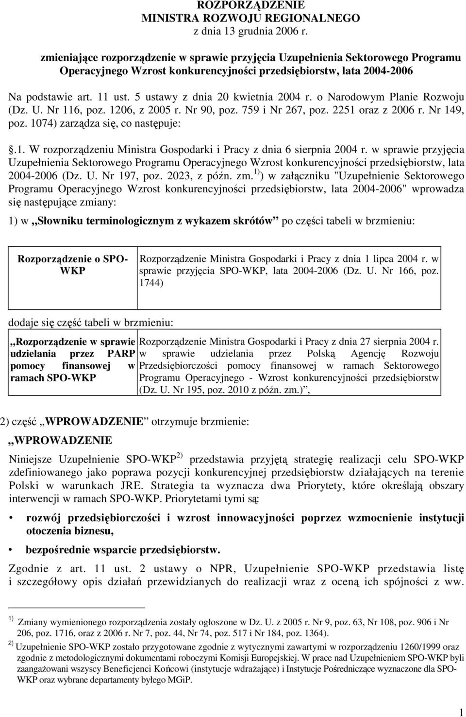 5 ustawy z dnia 20 kwietnia 2004 r. o Narodowym Planie Rozwoju (Dz. U. Nr 116, poz. 1206, z 2005 r. Nr 90, poz. 759 i Nr 267, poz. 2251 oraz z 2006 r. Nr 149, poz. 1074) zarządza się, co następuje:.1. W rozporządzeniu Ministra Gospodarki i Pracy z dnia 6 sierpnia 2004 r.