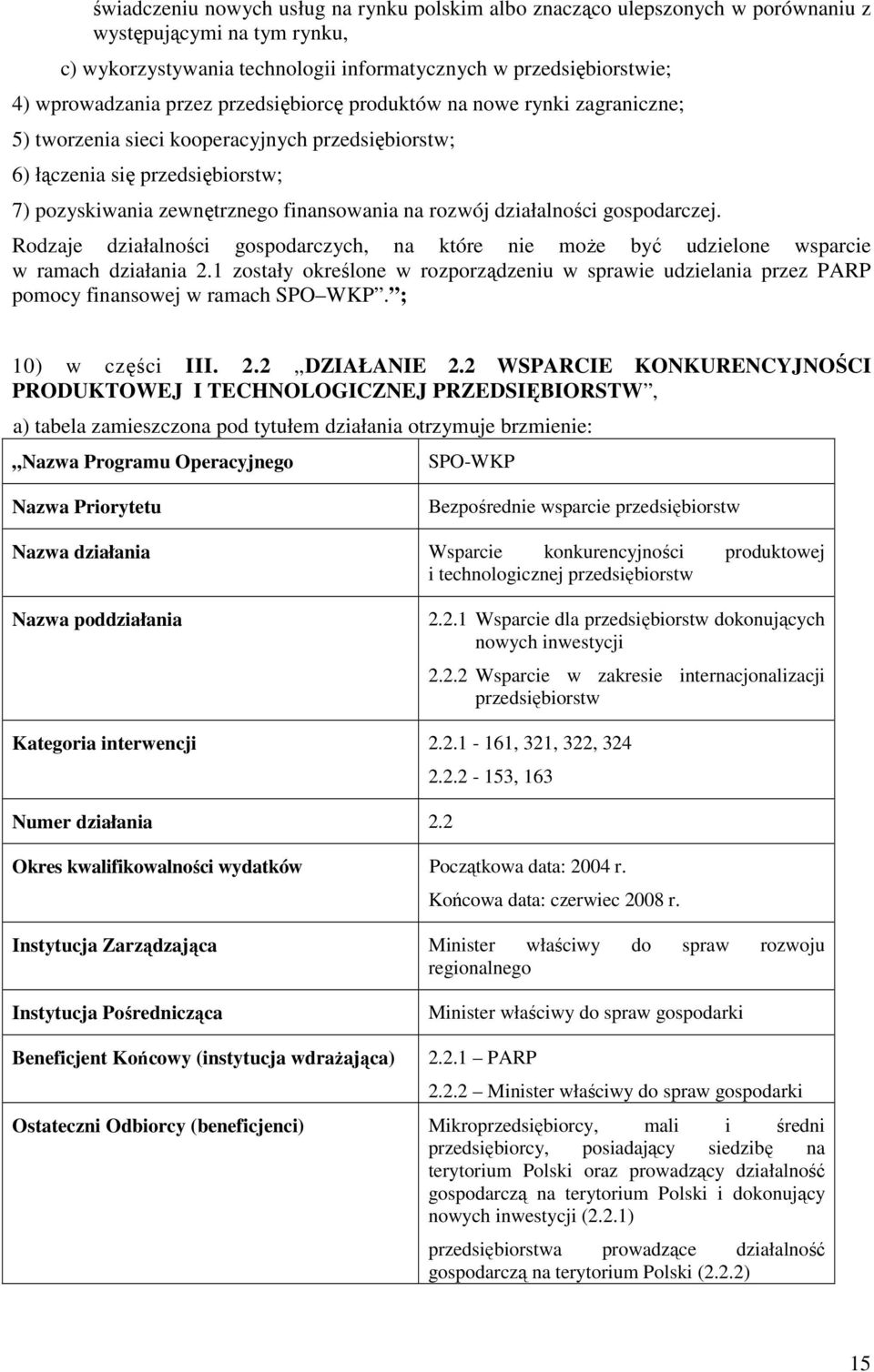 działalności gospodarczej. Rodzaje działalności gospodarczych, na które nie moŝe być udzielone wsparcie w ramach działania 2.