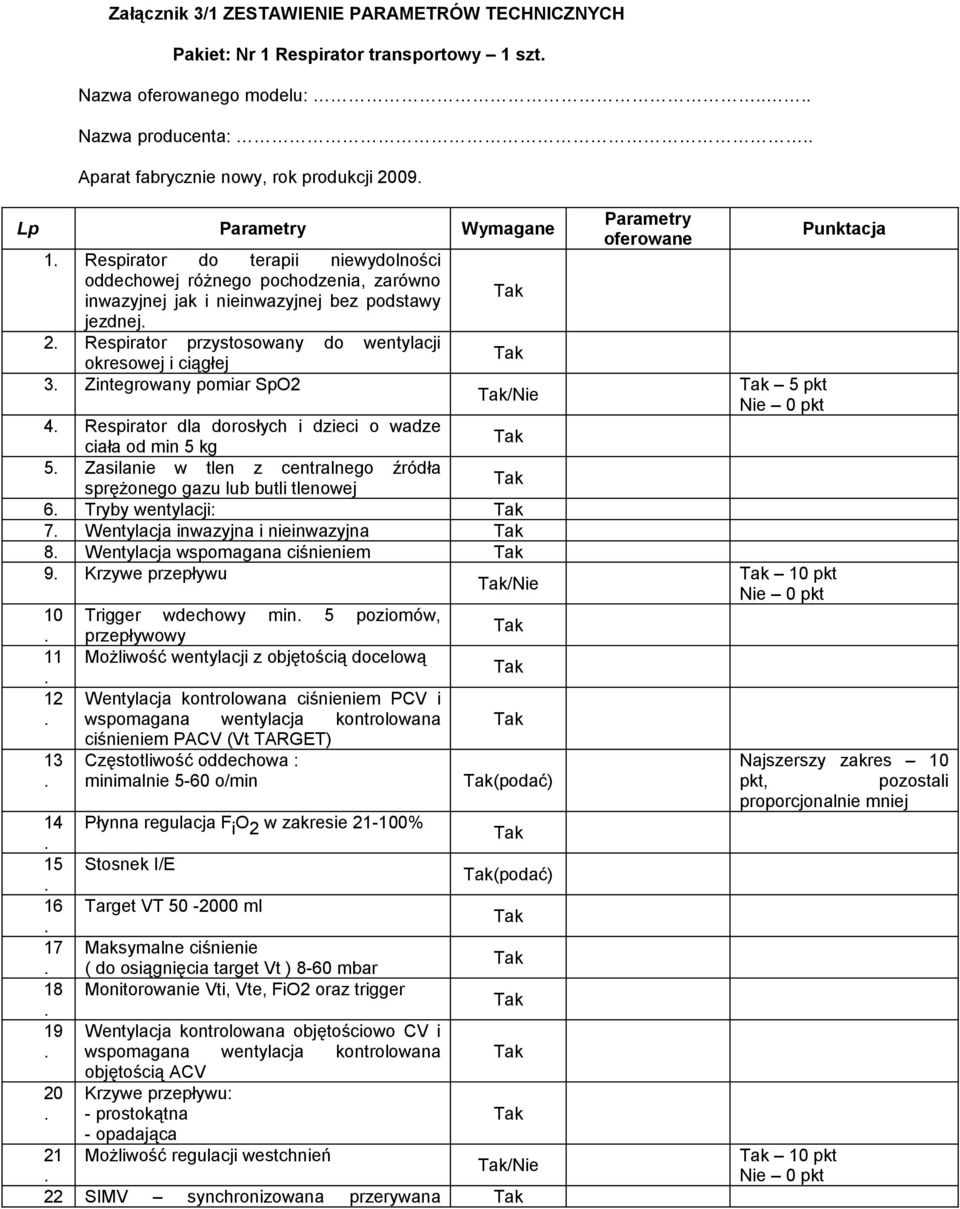 3 Zintegrowany pomiar SpO2 /Nie 4 Respirator dla dorosłych i dzieci o wadze ciała od min 5 kg 5 Zasilanie w tlen z centralnego źródła sprężonego gazu lub butli tlenowej 6 Tryby wentylacji: 7