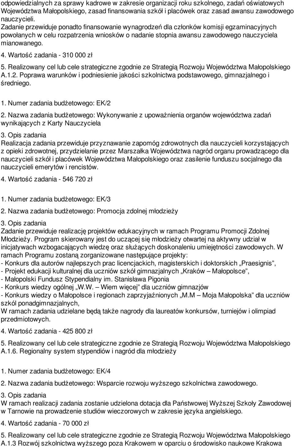 Wartość zadania - 310 000 zł A.1.2. Poprawa warunków i podniesienie jakości szkolnictwa podstawowego, gimnazjalnego i średniego. 1. Numer zadania budżetowego: EK/2 2.