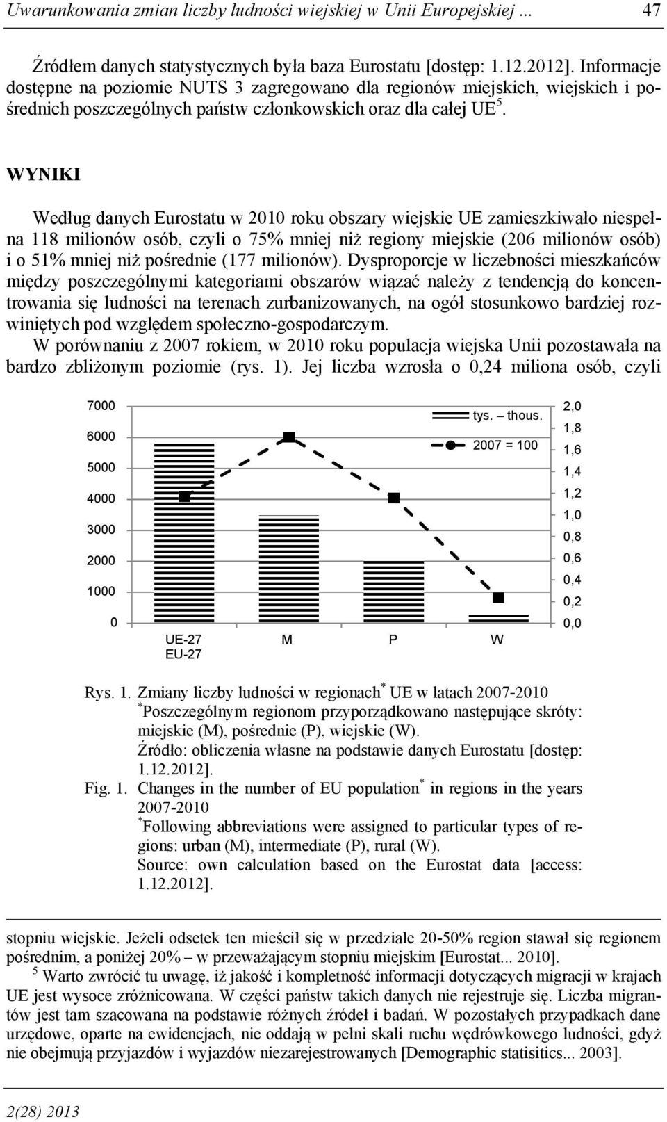 WYNIKI Według danych Eurostatu w 2010 roku obszary wiejskie UE zamieszkiwało niespełna 118 milionów osób, czyli o 75% mniej niż regiony miejskie (206 milionów osób) i o 51% mniej niż pośrednie (177