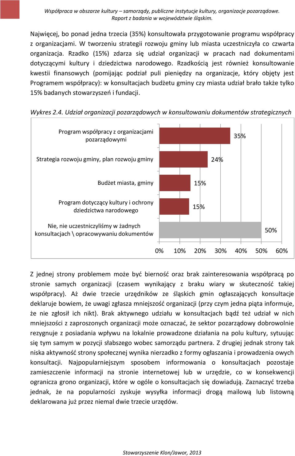 Rzadkością jest również konsultowanie kwestii finansowych (pomijając podział puli pieniędzy na organizacje, który objęty jest Programem współpracy): w konsultacjach budżetu gminy czy miasta udział