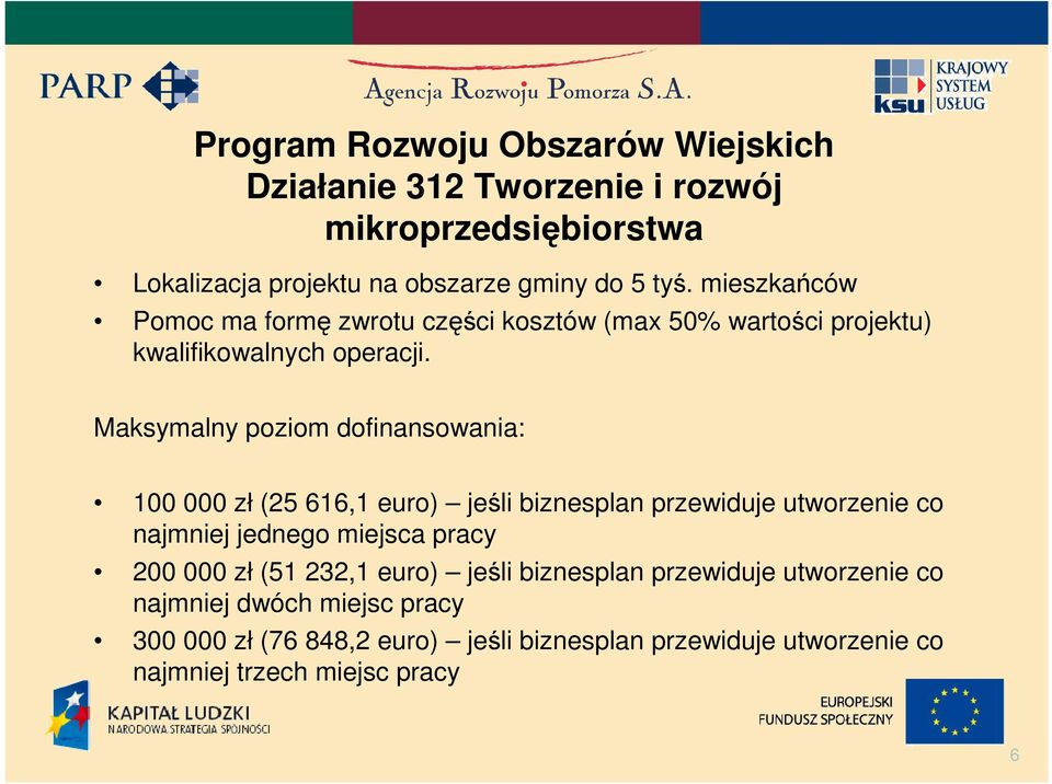 Maksymalny poziom dofinansowania: 100 000 zł (25 616,1 euro) jeśli biznesplan przewiduje utworzenie co najmniej jednego miejsca pracy 200 000